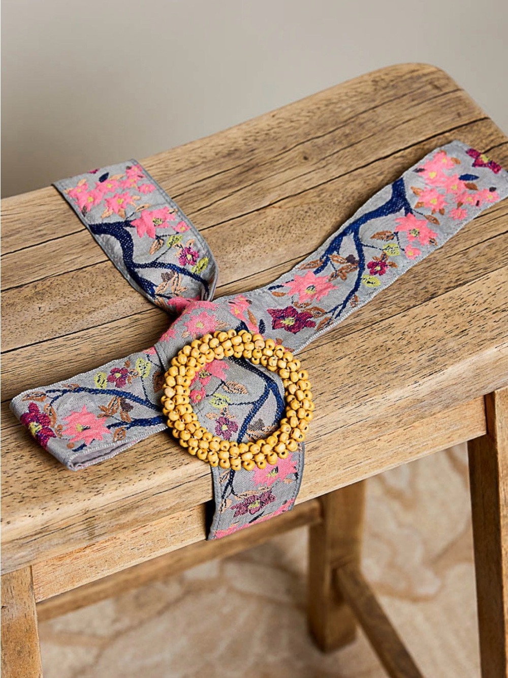 POL Embroidered Floral Fabric Belt with Beaded Buckle - NWT